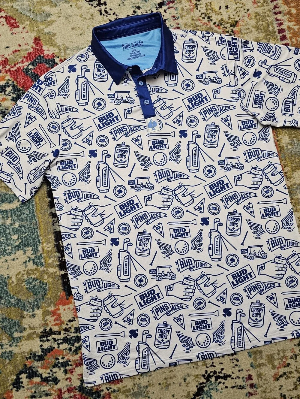 Pins & Aces Bud Light Crispy Boys Golf Polo Mens Large White Blue All Over Print